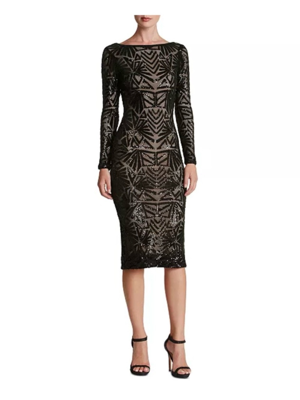 Dress the Population Black Geometric Sequin Long-Sleeve Sheath Dress